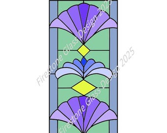 Könnte beinhalten: Ein Buntglasdesign mit drei stilisierten floralen Elementen in Lila- und Blautönen, vor einem hellgrünen Hintergrund. Gelbe Rauten akzentuieren das Design. Der Text "Firestone Glass Design 2025" ist sichtbar.