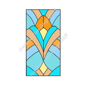 May include: A rectangular stained glass design featuring a symmetrical floral pattern. The design incorporates various colors, including shades of blue, orange, tan, and yellow, outlined with black lines. The text "Firestone Glass Design 2025" is visible.