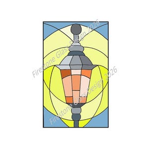 May include: A stained glass design of a street lamp. The lamp is gray with an orange and yellow light. The background is yellow and blue. The text "Firestone Glass Design 2026" is written on the image.