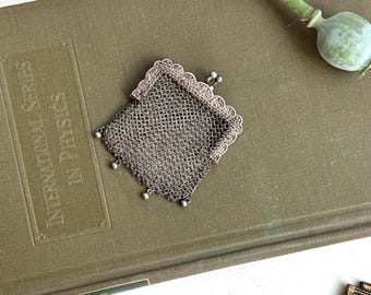 Antique Victorian Sterling Silver Mesh Coin Purse Ornate Floral Frame, Chainmail Bag