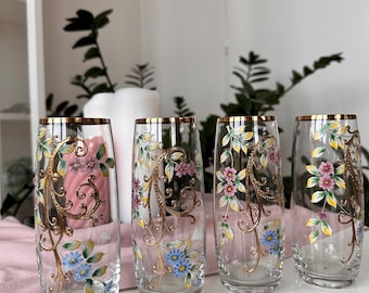 Set of 4 Vintage Hand-Painted Glasses – Floral Gold Gilded Tall Tumblers – Elegant Bohemian Glassware