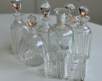 Vintage Glass Decanter Collection – Set of 6 Cut Glass Bottles with Stoppers – Art Deco Barware – Crystal Style Perfume or Liquor Bottles