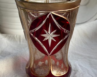 Antique Biedermeier Ruby Cut to Clear Glass Tumbler, Hand-Gilded, 19th century, gold gilding, Bohemian glass