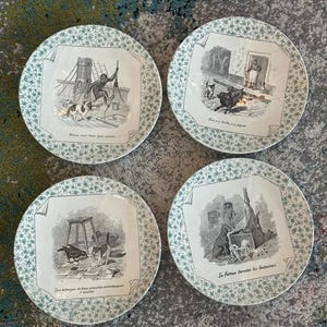 Assiettes en transfert U&C anciennes, France, Sarreguemines – Lot de 4 – Illustrations du XIXe siècle – Décoration murale de collection