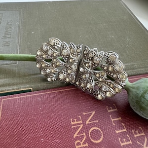 Antique Art Deco Rhinestone Dress Buckle – Filigree Leaf Motif – Two-Piece Belt or Sash Clasp – Vintage Gatsby Boho Wedding