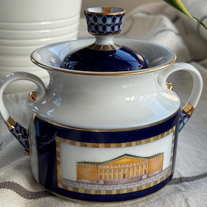Imperial Porcelain St. Petersburg Lomonosov Cobalt Net Sugar Bowl Limited Edition Collectible Hand painted Gold