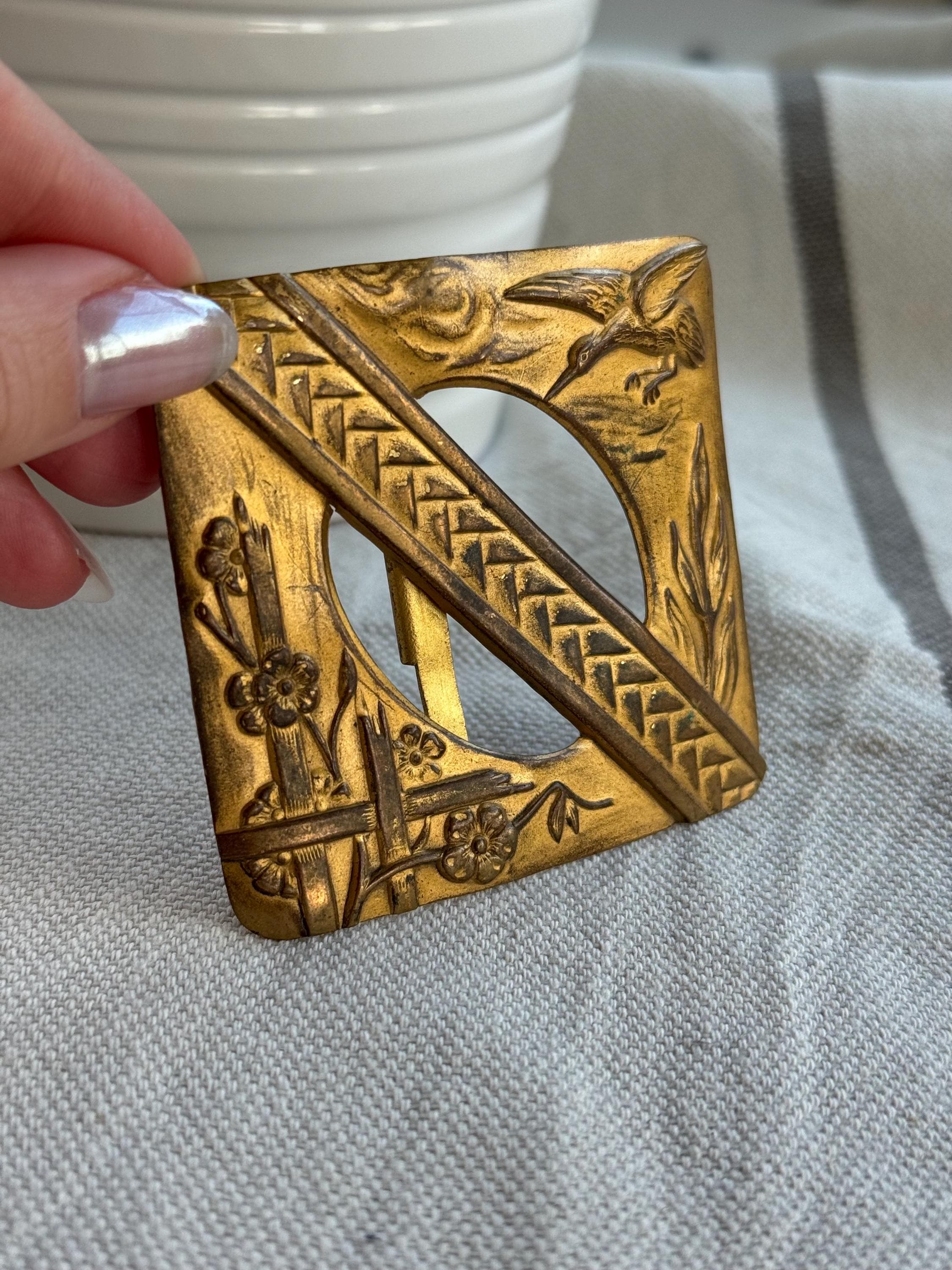 Vintage 70\'s White Enameled Bamboo Look Brass Belt Scarf BUCKLE ONLY Solid Brass Bamboo Flower Blossom Bud 1970s Vintage Belt  main image 4