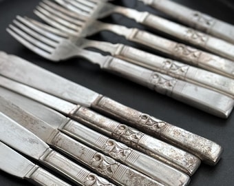 Antique Art Deco Silver-Plated Cutlery Set (c. 1920–1935) — 6 Forks & 6 Knives — Ornate Handles