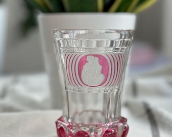 Antique Biedermeier Bohemian Crystal Beaker with Ruby Flash & Cameo Engraving, 19th Century Hand-Cut Glass, Neoclassical Decor, Collectible
