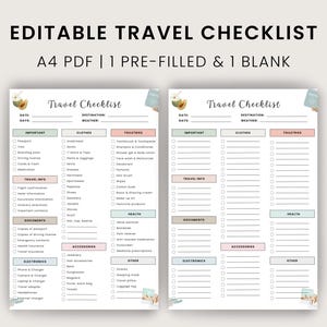 印刷可能な旅行チェックリスト – 2ページPDF | 記入済みと空白のパッキングリスト | 旅行計画に便利なA4デジタルダウンロード | Canva対応