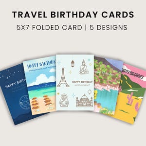 Paquete de tarjetas de cumpleaños de viaje: Noche, Playa, Monumentos. Tarjetas imprimibles de 13x18 cm / Descarga digital / Postales de cumpleaños de aventura.