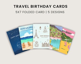 Paquete de tarjetas de cumpleaños de viaje: Noche, Playa, Monumentos. Tarjetas imprimibles de 13x18 cm / Descarga digital / Postales de cumpleaños de aventura.