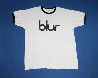 Camiseta vintage de los 90 de Blur con ribete, talla grande para hombre — Blanca con ribete negro