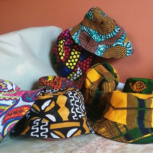 African Ankara wax print cotton and denim reversible festival party picnic sunhat bucket hat