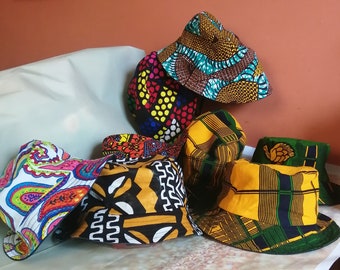 African Ankara wax print cotton and denim reversible festival party picnic sunhat bucket hat