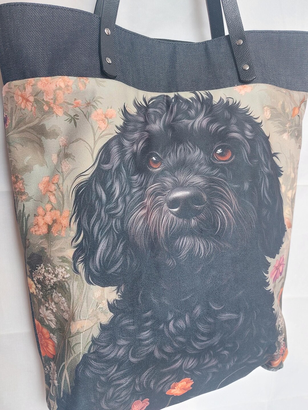 Cockapoo Backpacks Dog Black Cockapoo Print Spacious Denim Luxury Tote Bag With Faux ...
