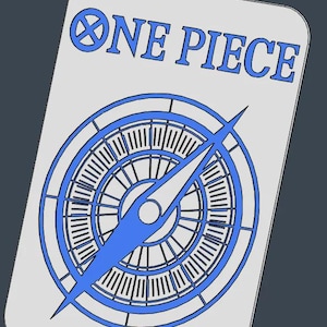 May include: A rectangular light gray plaque with rounded top corners featuring the blue text ONE PIECE at the top, where the letter O is replaced by a cross symbol, and a large blue compass rose graphic centered below the text on the surface.