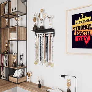 Metal Trophy Shelf and Medal Holder – Wall Mounted Sports Award Display Rack with Shelf for Medals and Trophies