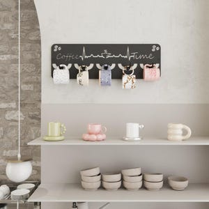 Coffee Mug Holder Wall Rack – Rustic Metal Coffee Cup Organizer, Kitchen Wall Storage, Farmhouse Mug Display Rack