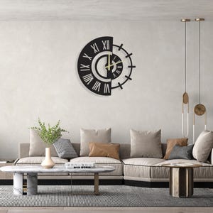 Modern Metal Wall Clock – Silent Roman Numerals Clock – Geometric Wall Art – Large Handmade Black Clock
