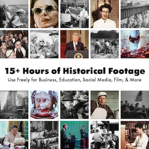 以下が含まれることがあります： 眼鏡をかけた女性、スーツを着た男性、ロケット打ち上げ、建設プロジェクトに取り組む人々のグループなど、歴史的な映像の画像のコラージュ。 「15時間以上の歴史的映像」というテキストが太字の黒文字で表示されています。 「ビジネス、教育、ソーシャルメディア、映画、その他に自由に使用してください」というテキストが、より小さな黒文字で表示されています。