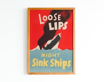 Propagandaposter uit de Tweede Wereldoorlog | Losse lippen doen schepen zinken, retro print (digitale download)