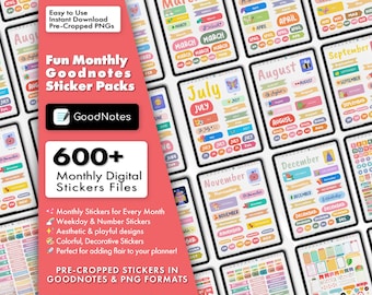 600+ Monthly Digital Planner Stickers: GoodNotes Pre-Cropped PNG