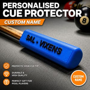 May include: A blue cue protector with the text "SAL • VIXENS" in black. The protector is on a pool cue, with the words "PERSONALISED CUE PROTECTOR" above. The image also includes pool balls and the text "CUSTOM NAME".