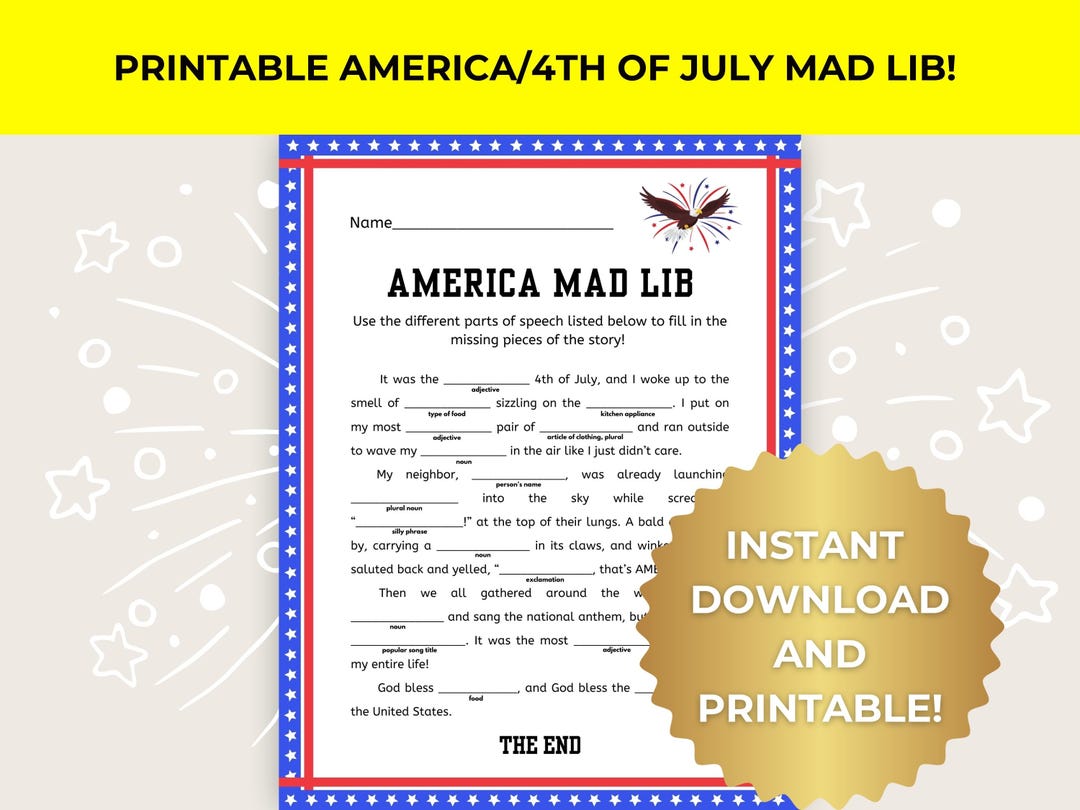 4th of July Mad Lib Printable | Funny America Game for Kids and Adults ...