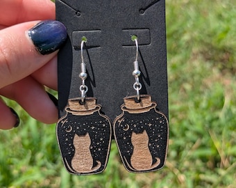 Potion Cat Earrings - Cat in a Bottle, Stargazing