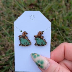 Witch Frog Wooden Stud Earrings - Hand Painted Laser Cut Halloween Jewelry
