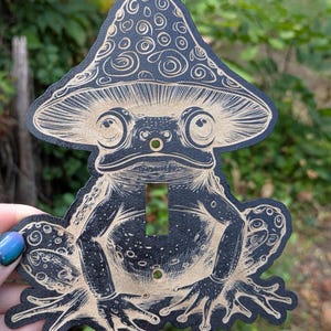 Mushroom Frog Light Switch Plate - Black Wooden Engraved Cover - Cottagecore Forest Wall Decor