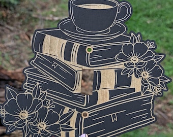 Plaque d'interrupteur pour le thé et les livres - Cache interrupteur en bois gravé pour les amoureux des livres avec accents floraux - Décoration de bibliothèque - Ambiance de coin livre confortable
