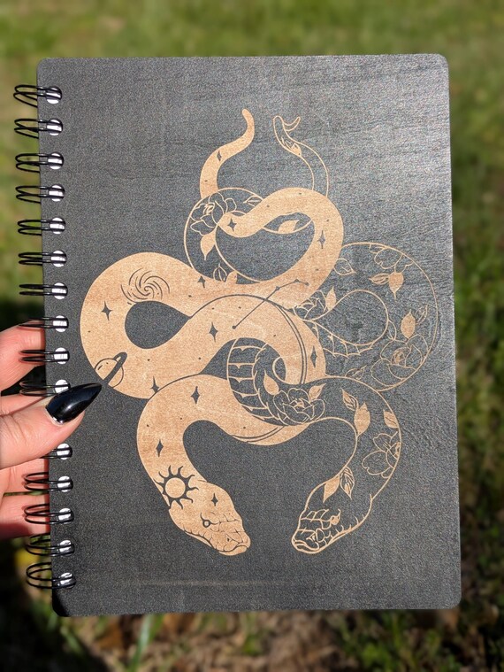 Engraved Wooden Journal, Celestial Snakes, Gothic Notebook, Sketchbook, Witchy Journal, Dark Botanical, Unique Gift