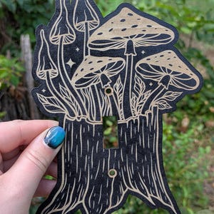 Engraved Mushroom Light Switch Plate - Black Wood Tree Stump Design - Forestcore or Fairycore Wall Decor