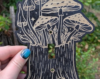 Engraved Mushroom Light Switch Plate - Black Wood Tree Stump Design - Forestcore or Fairycore Wall Decor