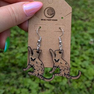 Floral Familiar Earrings - Black Cat Silhouettes with Butterflies & Blooms