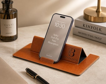 Supporto per telefono/iPad in pelle personalizzato, supporto per telefono con incisione personalizzata, accessorio da scrivania personalizzato, accessorio per ufficio personalizzato