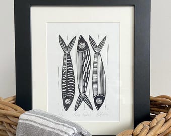 Fish Linocut Print, Limited Edition Original Lino Relief Print, Kitchen Wall Art