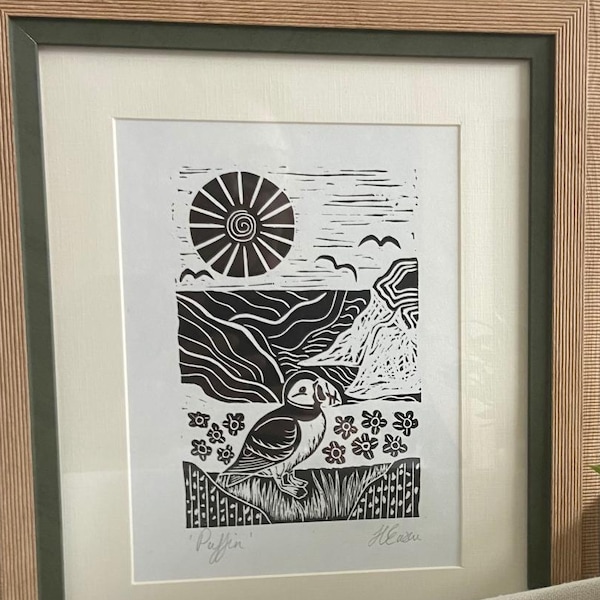 Puffin Lino Print, Original Linocut Art, Sea Linocut in Black