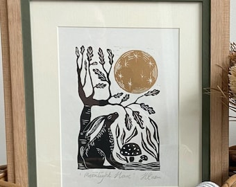 Moonlight Hare Lino Print, Original Handprinted Linocut Art, Original Folk Art Print