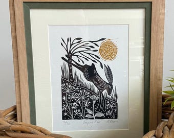 Leaping Hare Lino Print, Handmade Linocut, Limited Edition Original Folk Art