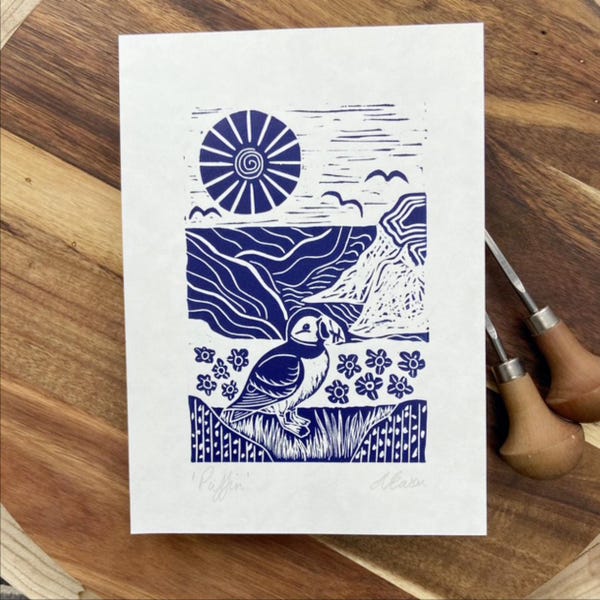 Puffin Lino Print, Original Linocut Art, Sea Linocut in Blue