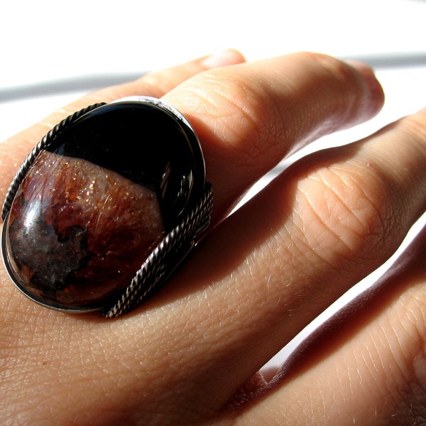 Red Agate Druzy Ring, Geode Statement Jewelry, Oxidized Sterling Silver, Eco Friendly