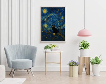 星月夜の猫のプリント、ゴッホのアート、黒猫のポスター（PDF）