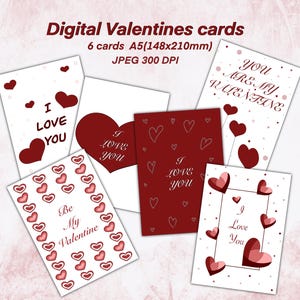 Cartões digitais A5 de Dia dos Namorados: mensagem "Eu te amo" ou "Meu Dia dos Namorados". Corações, nas cores vermelho e rosa.