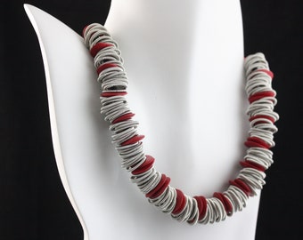 Piano wire , red ceramic , statement necklace