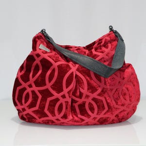 Hobo Bag - Velvety Red Chenille Shoulder Bag w Genuine Leather Handle, Unique Upholstery Purse, Large Stylish Bag, Shiny Velvet Holiday Bag