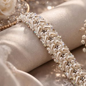 Handmade Pearl & Crystal Wedding Belt, Thin Bridal Sash image 1