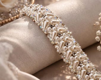 Handmade Pearl & Crystal Wedding Belt, Thin Bridal Sash